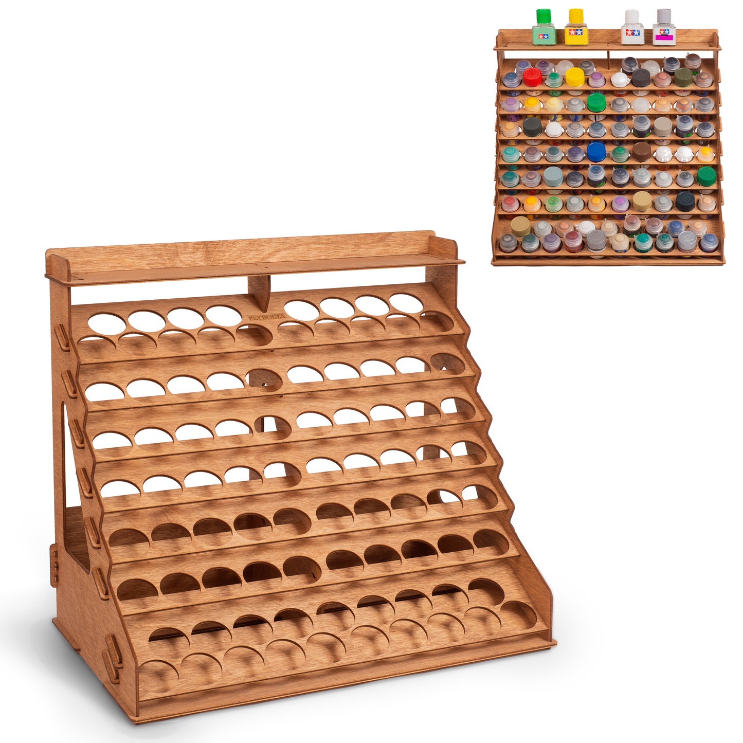 PLYDOLEX Warhammer Paint Accessory Organizer – Wooden Modular Rack for 87 Paint Bottles, 14 Brush Slots, 6 Miniature Stands