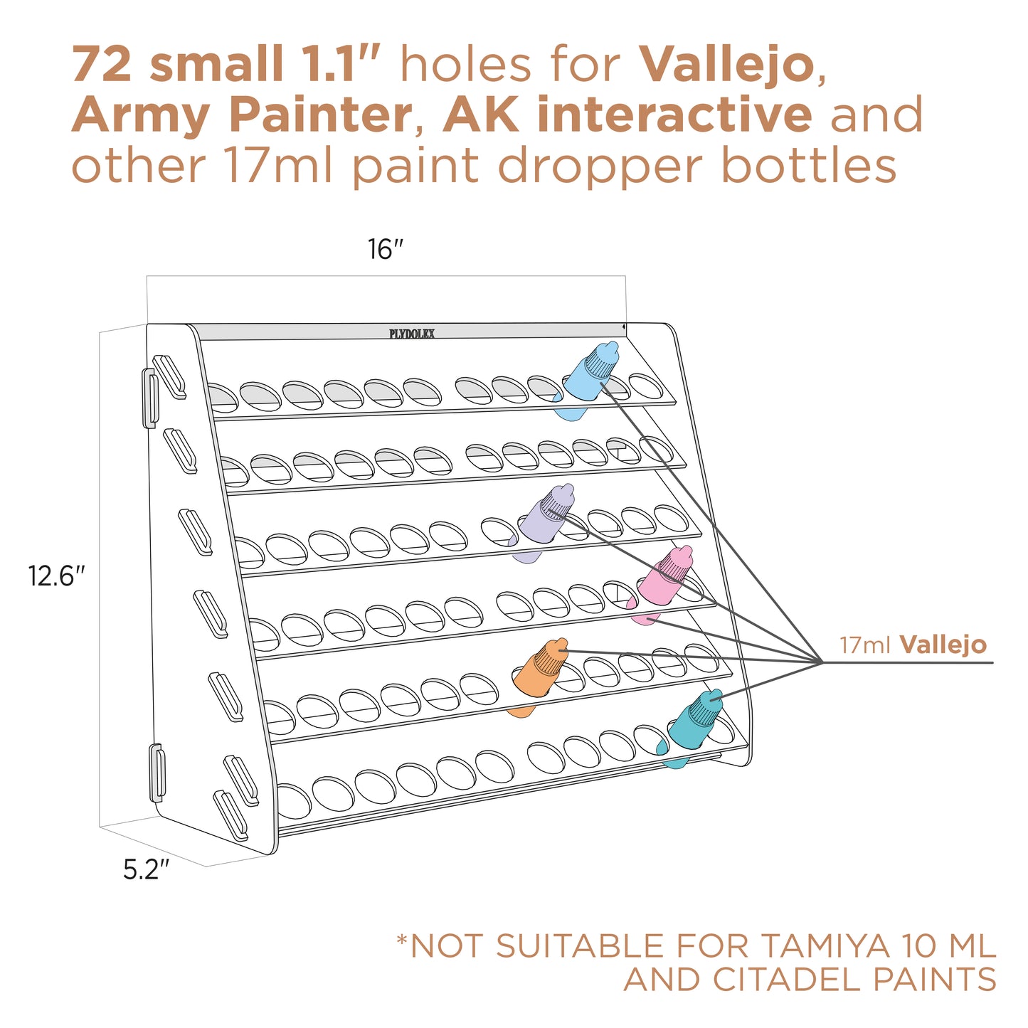 Plydolex Acrylic Paint Storage Organizer with 72 Holes for Vallejo Paints - Wall-Mounted Vallejo Paint Rack Ideal for Paint Storage of Miniature Paint Sets