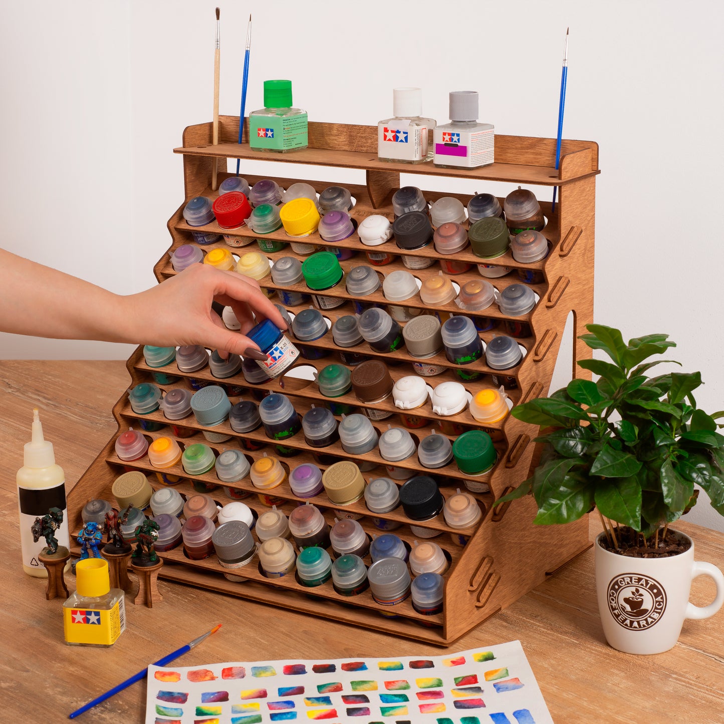 PLYDOLEX Warhammer Paint Accessory Organizer – Wooden Modular Rack for 87 Paint Bottles, 14 Brush Slots, 6 Miniature Stands