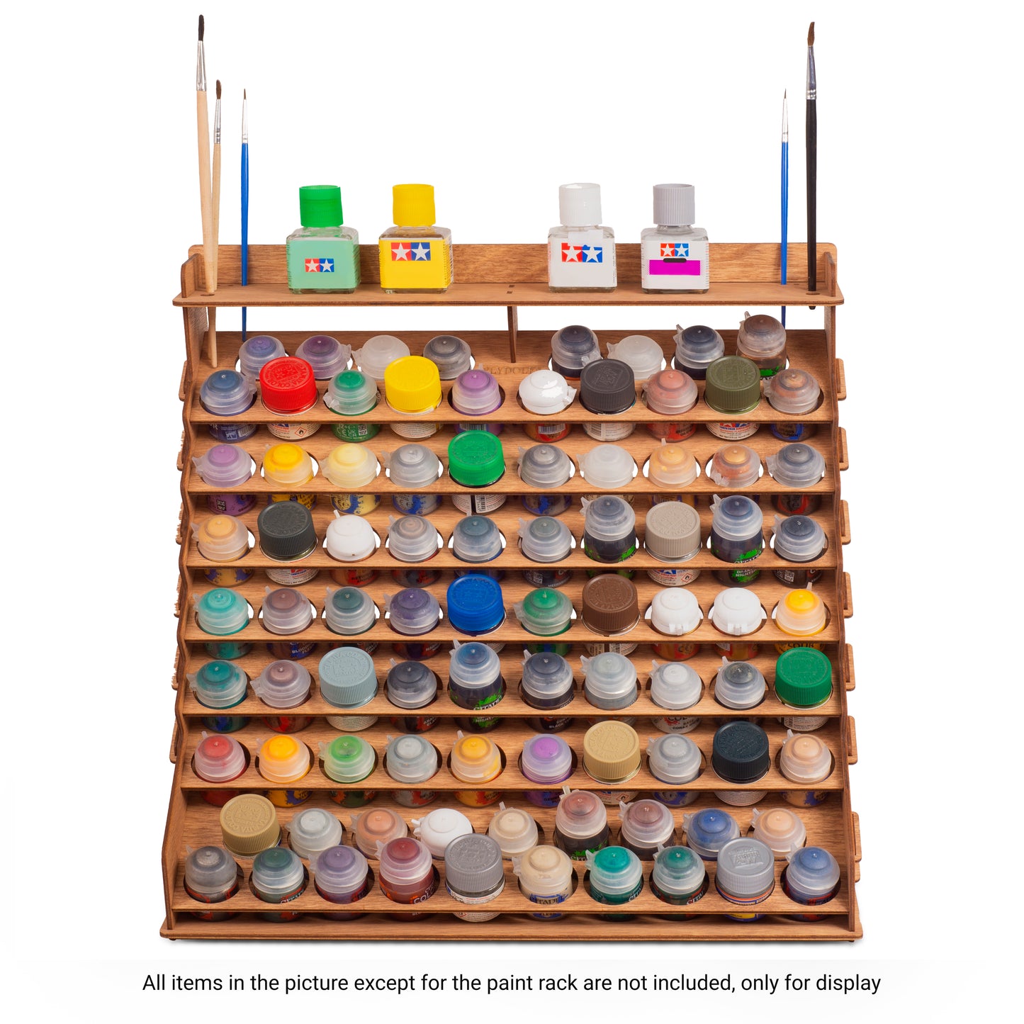 PLYDOLEX Warhammer Paint Accessory Organizer – Wooden Modular Rack for 87 Paint Bottles, 14 Brush Slots, 6 Miniature Stands