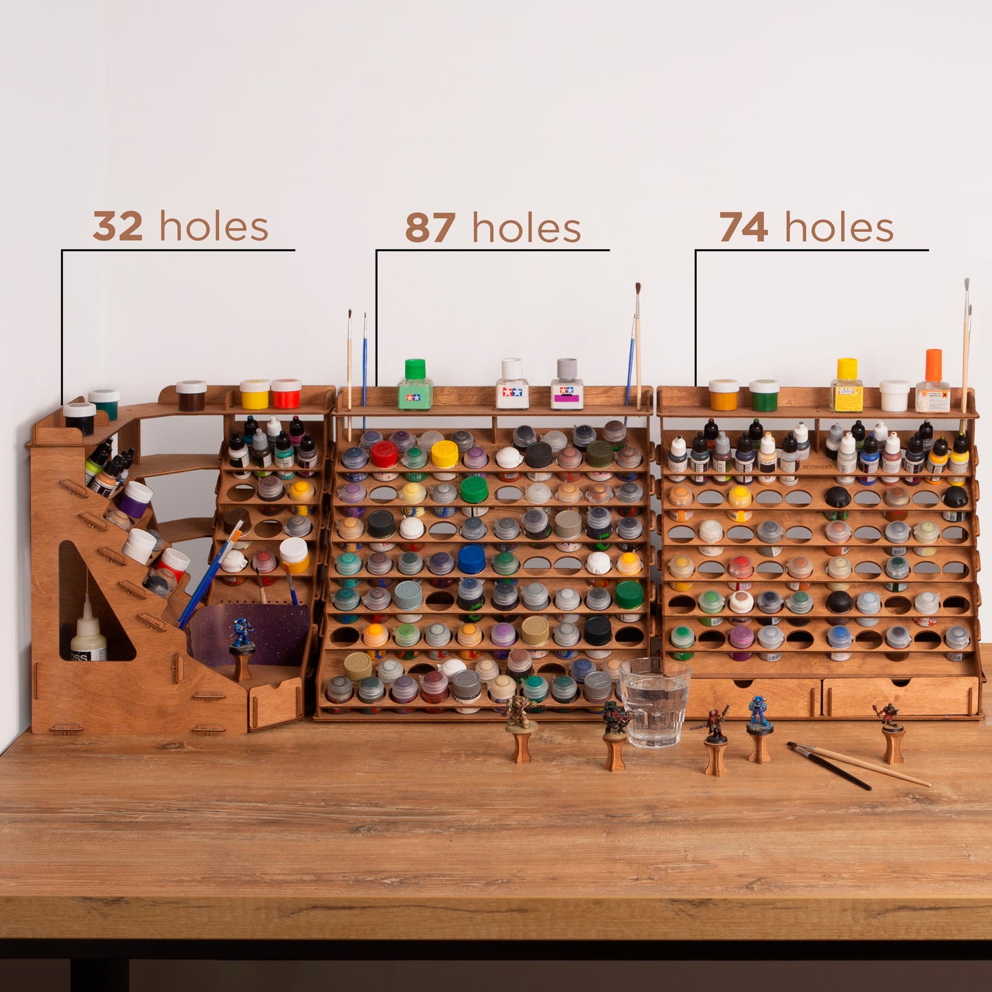 PLYDOLEX Warhammer Paint Accessory Organizer – Wooden Modular Rack for 87 Paint Bottles, 14 Brush Slots, 6 Miniature Stands