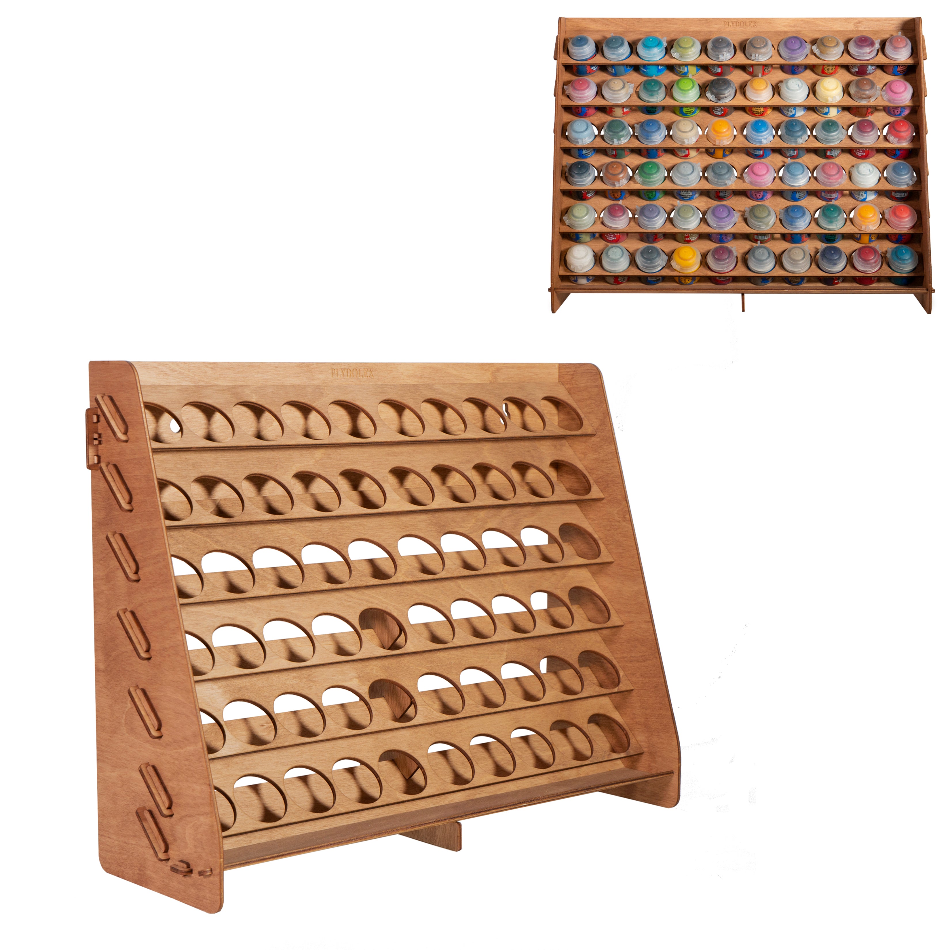 Plydolex Wooden Paint Organizer for 74 Bottles of Paints and 14 Paint Brushes - Paint Rack Organizer with 2 Cabinets for Art Tools and 6 Miniature