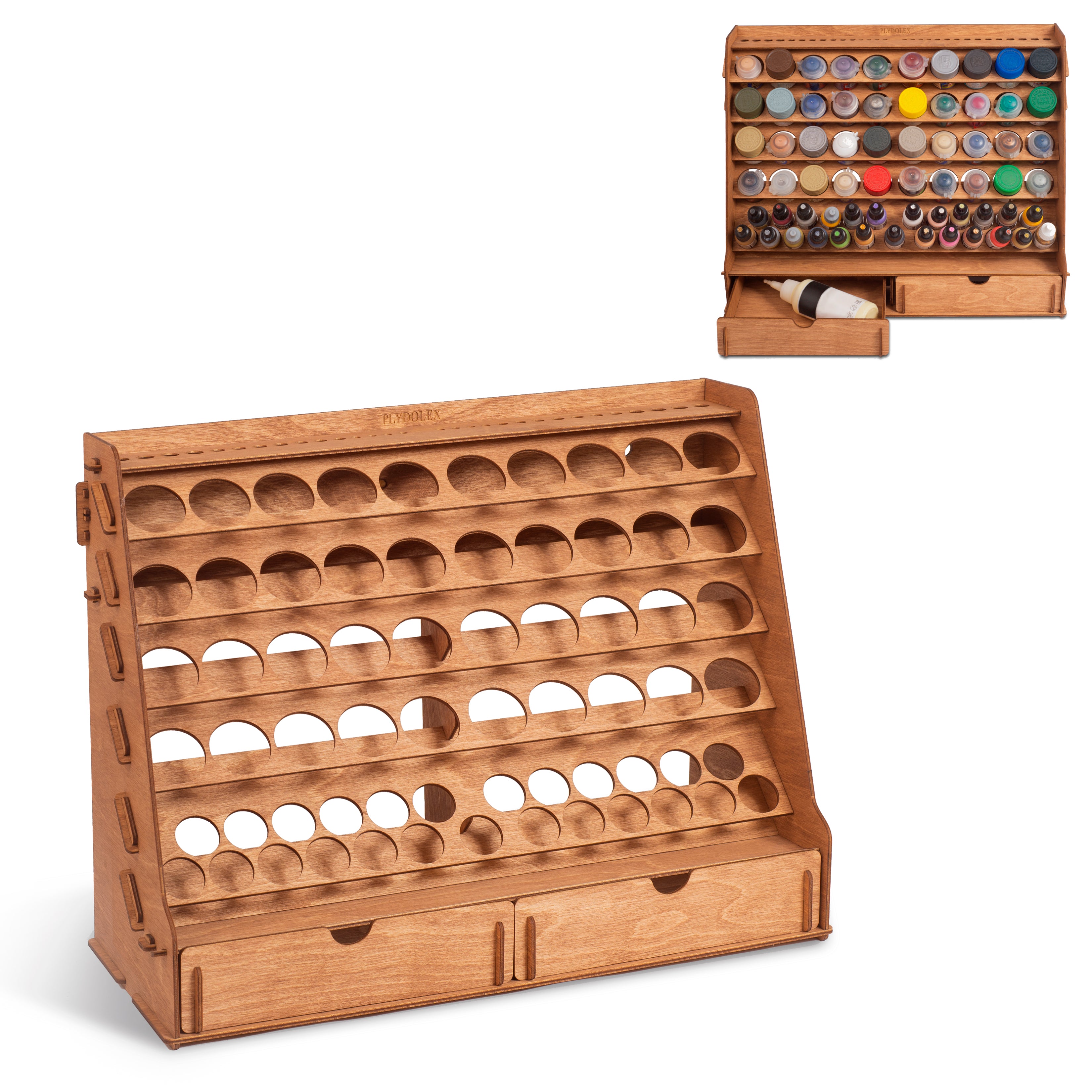 Plydolex Wooden Paint Organizer for 87 Paint Bottles and 14 Brushes - Paint  Brush Holder With 6 Miniature Stands and Top Shelf - Convenient Paint Rack