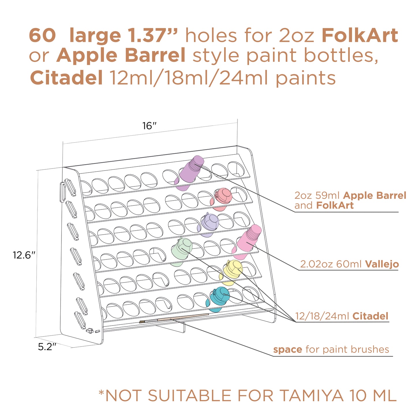 PLYDOLEX Citadel Paint Rack Organizer with 60 Holes for Miniature Paint Set - Wall-mounted Wooden Craft Paint Storage Rack - Craft Paint Holder Rack 16x5.2x12.6 inch