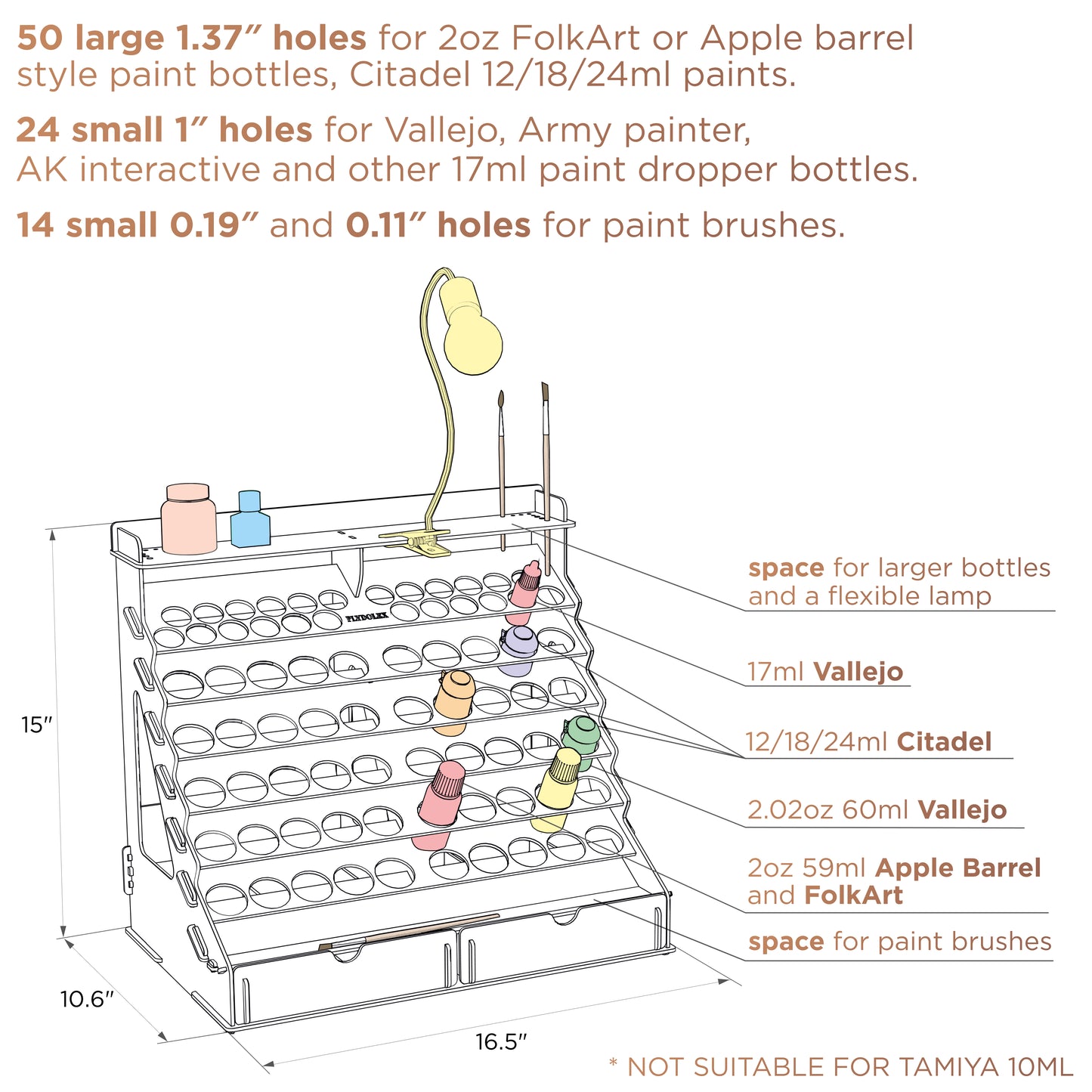 PLYDOLEX Wooden Paint Organizer for 74 Bottles of Paints and 14 Paint Brushes - Paint Rack Organizer with 2 Cabinets for Art Tools and 6 Miniature Stands - Modular Paint Rack for Miniature Paint Set