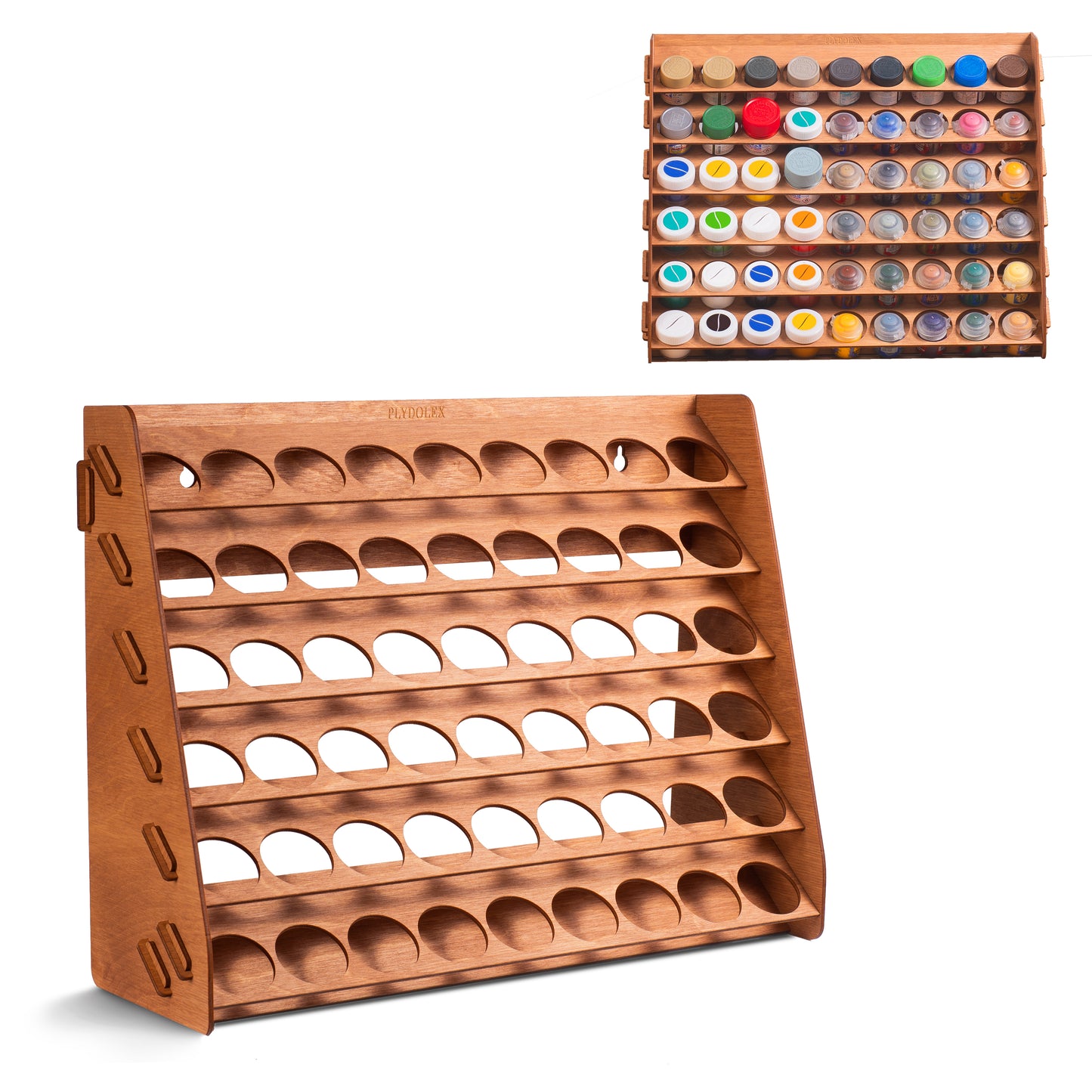 Plydolex Wooden Craft Paint Storage Rack with 58 Holes for Paint Bottles - Hand Craft Paint Holder Rack with 4 Miniature Stands and Removable Upper
