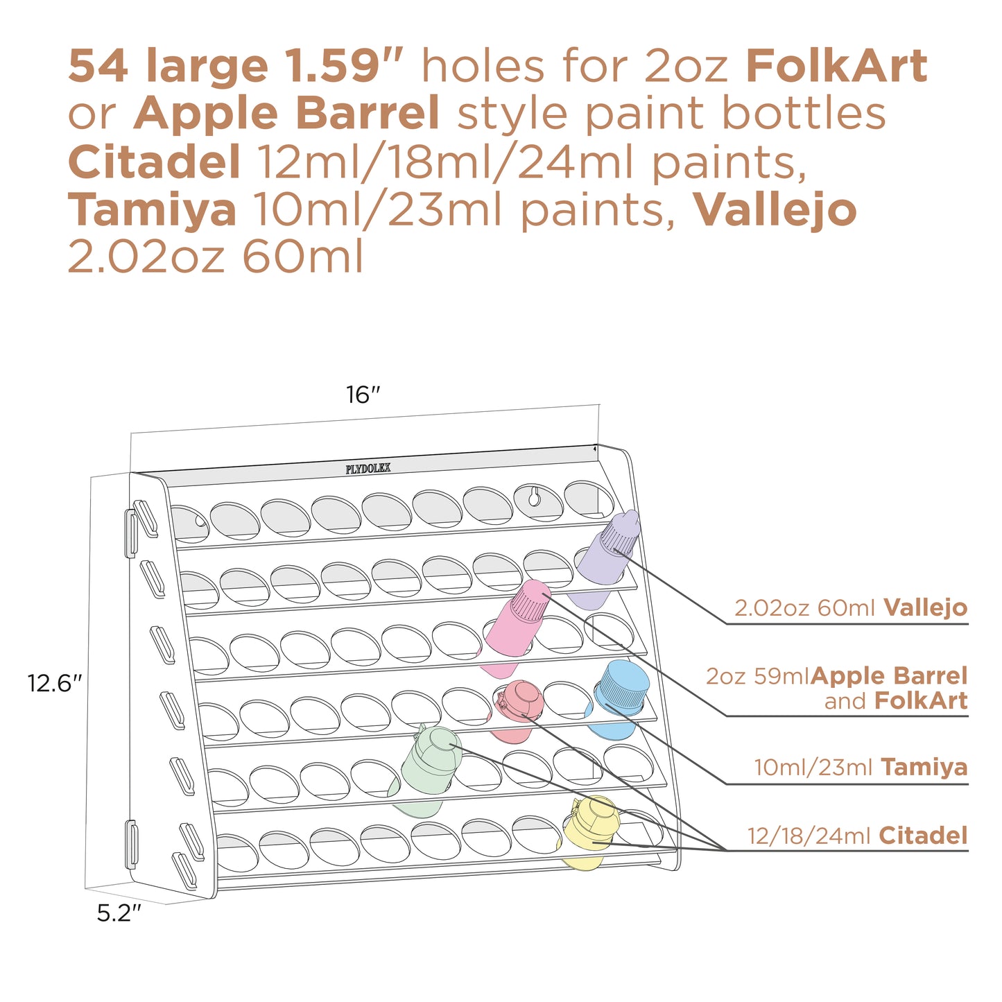 Plydolex Tamiya Paint Rack Organizer with 54 Holes for Miniature Paint Set - Wall-mounted Wooden Craft Paint Storage Rack - Craft Paint Holder Rack 16x5.2x12.6 inch