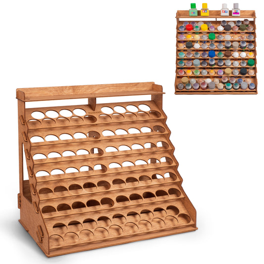 PLYDOLEX Citadel Paint Organizer for 87 Paint Bottles and 14 Brushes - Paint Rack With 6 Miniature Stands and Top Shelf for Additional Paints - Handy Wooden Paint Organizer for Miniature Paint Set