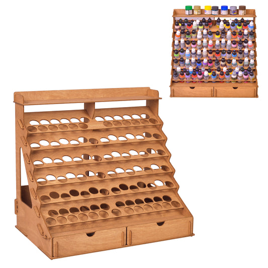 PLYDOLEX Vallejo Paint Organizer for 105 Paint Bottles and 14 Brushes - Wooden Paint Holder with 6 Miniature Stands - Paint and Brush Storage for Miniature Paints