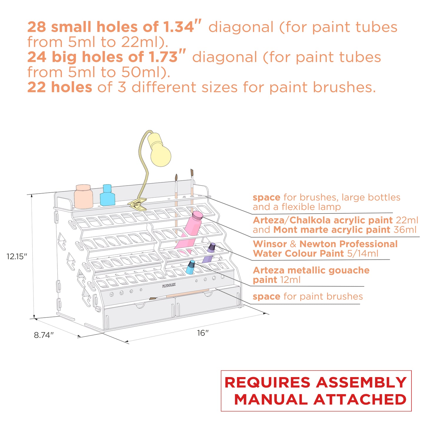 PLYDOLEX Modular Paint Tube Organizer for 52 Bottles of Paints and 22 Paint Brushes - Paint Tube Holder Suitable for Oil, Watercolor, Acrylic Paints