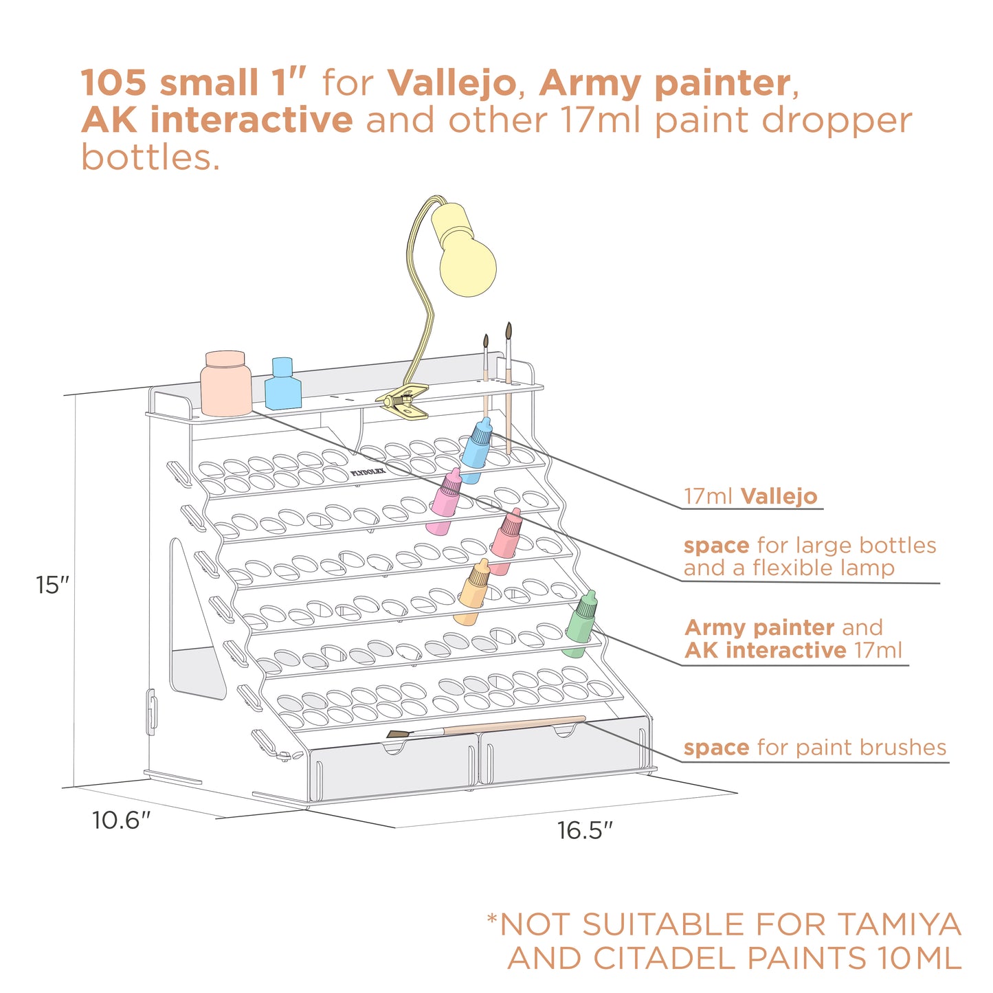 PLYDOLEX Vallejo Paint Organizer for 105 Paint Bottles and 14 Brushes - Wooden Paint Holder with 6 Miniature Stands - Paint and Brush Storage for Miniature Paints