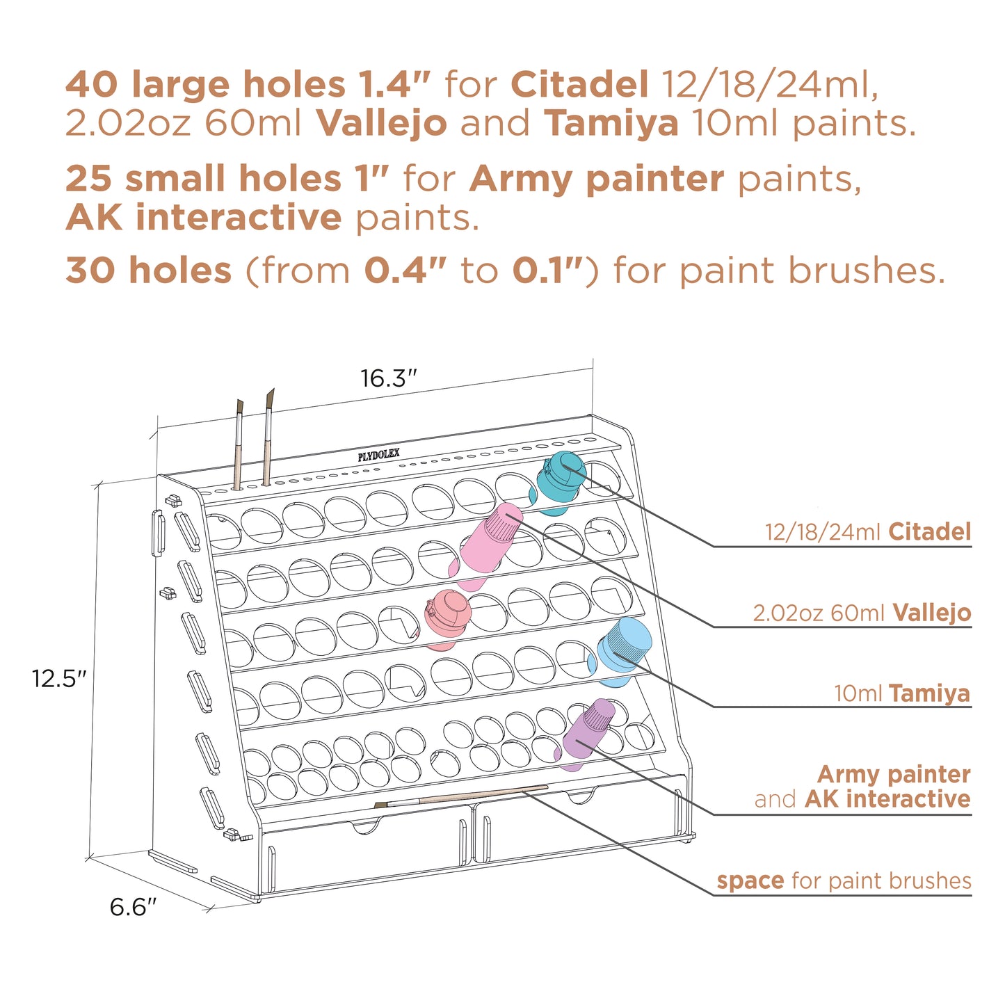 PLYDOLEX Paint Rack Organizer with 65 Holes of 2 Sizes for Miniature Paint Set - Wall-mounted Wooden Craft Paint Storage Rack - Craft Paint Holder Rack 16.3x6.6x12.6 inch