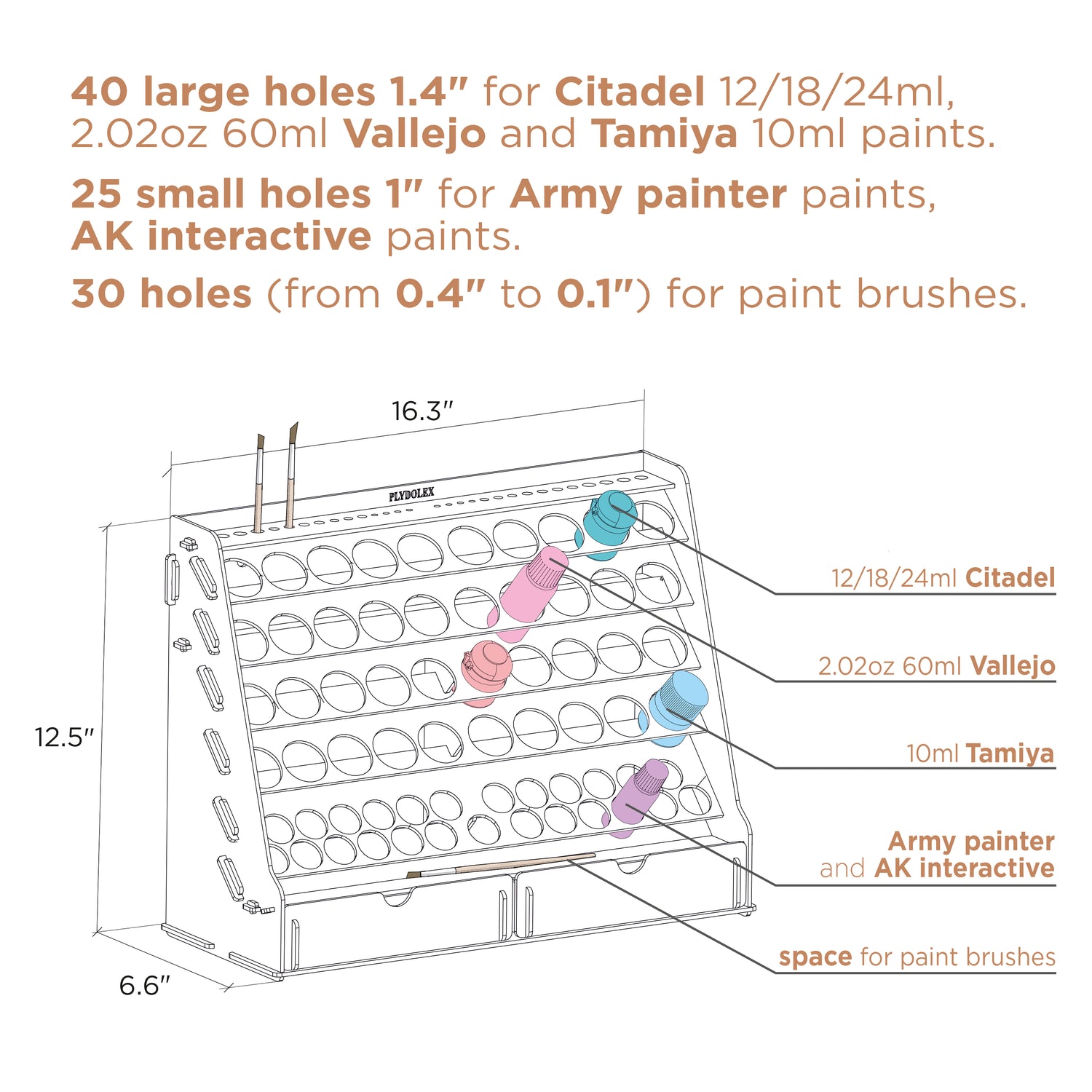 Hobby Paint rack for Vallejo and Army Painter. 75 pot capacity wall  mountable