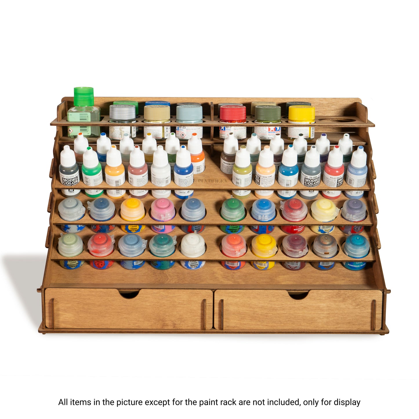 PLYDOLEX Wooden Craft Paint Storage Rack with 58 Holes for Paint Bottles - Hand Craft Paint Holder Rack with 4 Miniature Stands and Removable Upper Shelf - Paint Organizer for Miniature Paint Set