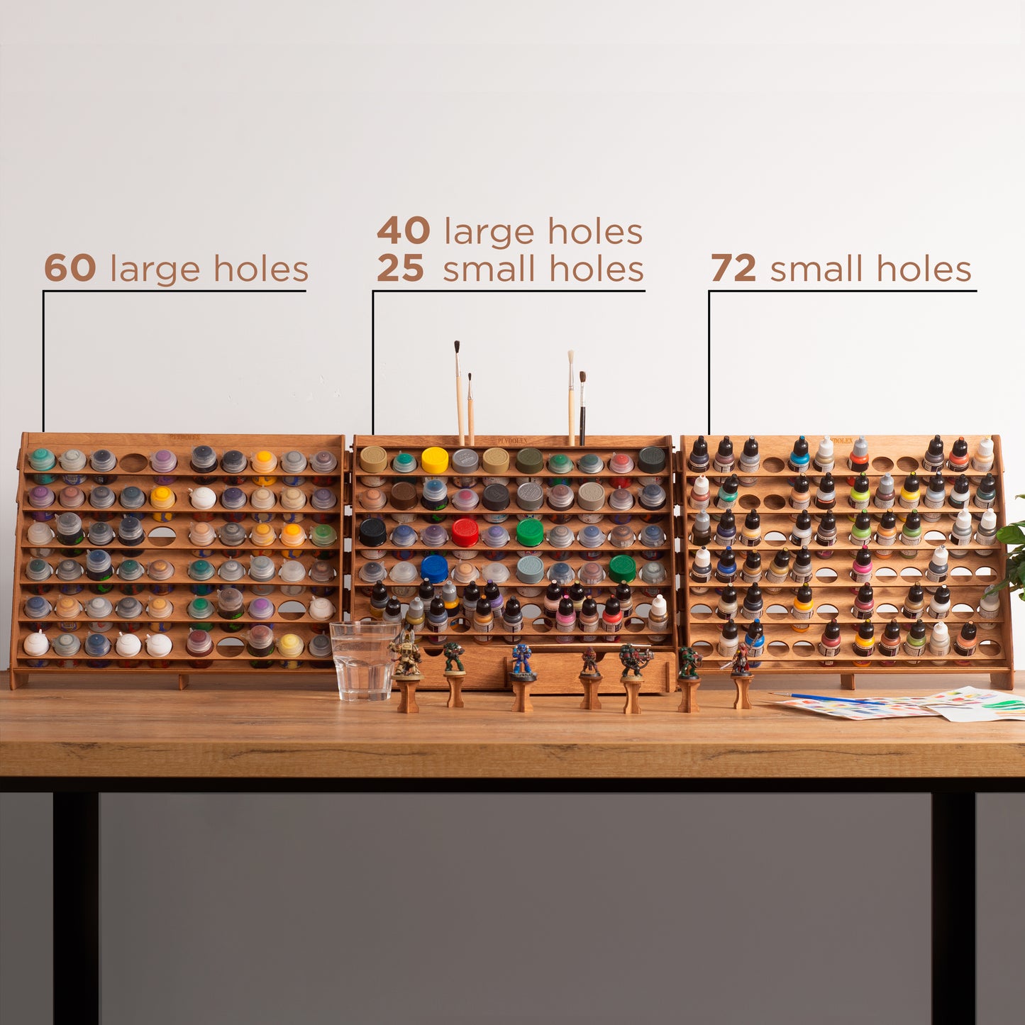 PLYDOLEX Paint Rack Organizer with 65 Holes of 2 Sizes for Miniature Paint Set - Wall-mounted Wooden Craft Paint Storage Rack - Craft Paint Holder Rack 16.3x6.6x12.6 inch